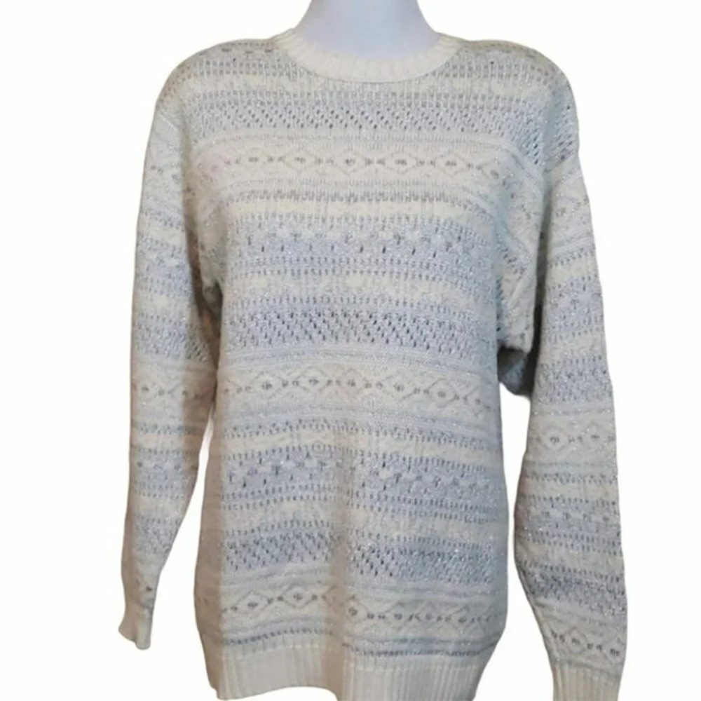 Lizwear Sweater Medium Cream Silver Metallic Fair Isle Vintage‎ Shoulder Pads